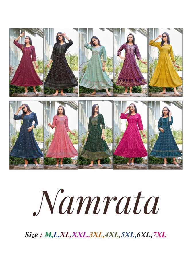 Namrata By Rangjyot Rayon Printed Long Kurtis Catalog